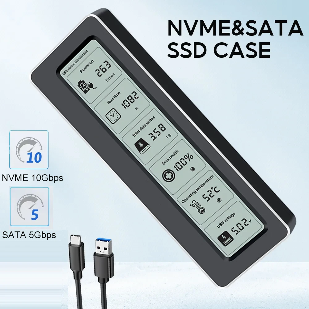Корпус SSD M.2 NVME/NGFF с двумя протоколами и экраном дисплея USB-адаптер типа C для NVME PCIE