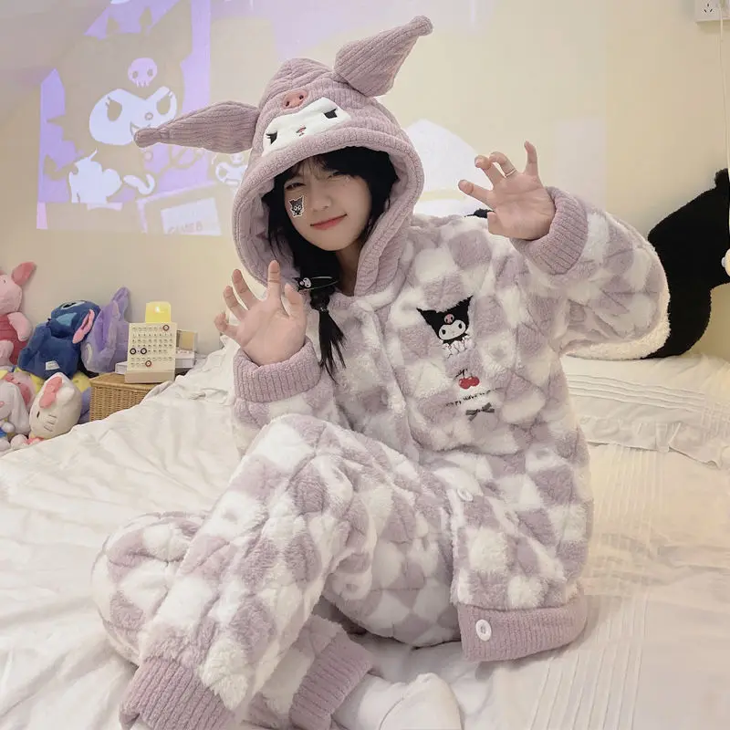 

Kawaii Sanrios пижамный комплект зимние теплые коралловые бархатные Kuromi Cinnamoroll Mymelody женские пижамы мультяшный Повседневный домашний костюм компл...