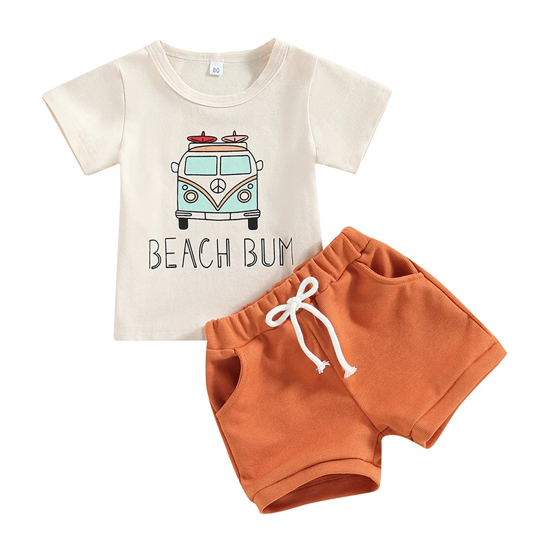 Toddler Baby Boy Beach Clothes Short Sleeve Bus Print T-Shirt Pocket Shorts Set