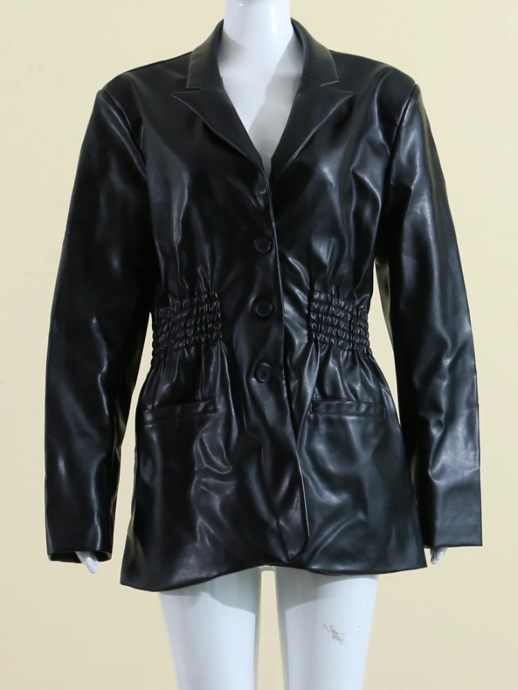 

Женская однобортная куртка из искусственной кожи, пальто с длинным рукавом и поясом на резинке, Осень-зима 2023