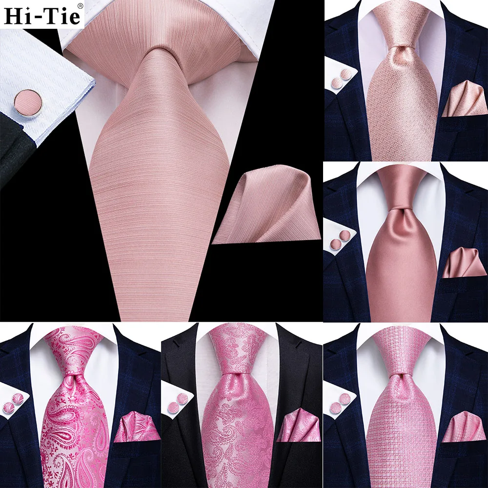 

Solid Rose Pink Coral Mens Silk Wedding Tie Fashion Designer Gift Necktie For Men Quality Hanky Cufflink Business Party Hi-Tie