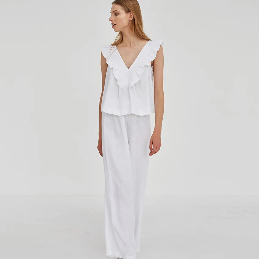 

White Shirt Pant Pajamas Suit Nightwear V Enck Ruffles Vest Comfortable Cool Sleep Set Home Clothing Loungewear Sleepwear