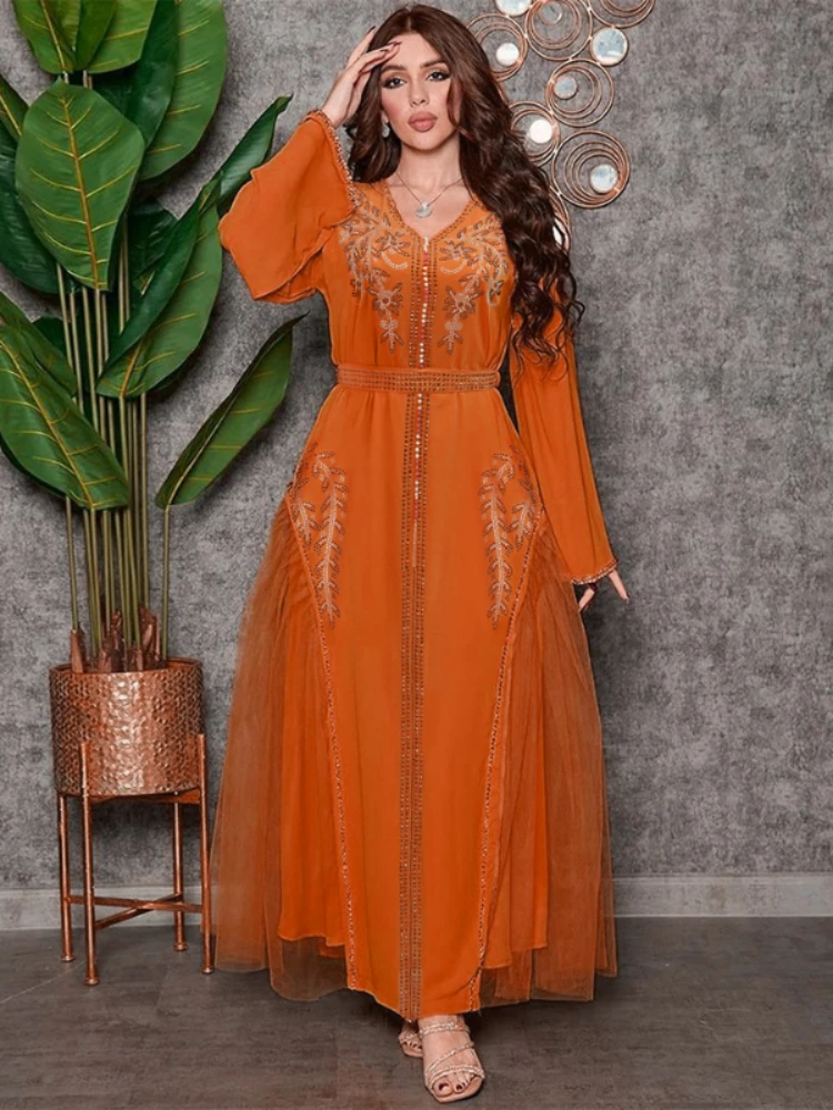 Summer Elegant Muslim Women Long Sleeve V-neck Polyester Orange Long Abaya Muslim Fashion Dresses Maxi Dress Abaya Dress
