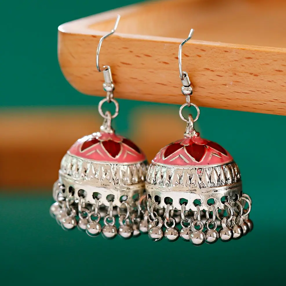 

Vintage Pink Flower Oil Drop Dangle Earrings Women's Silver Color Bells Indian Jewelry Beads Tassel Pendientes Jewelry