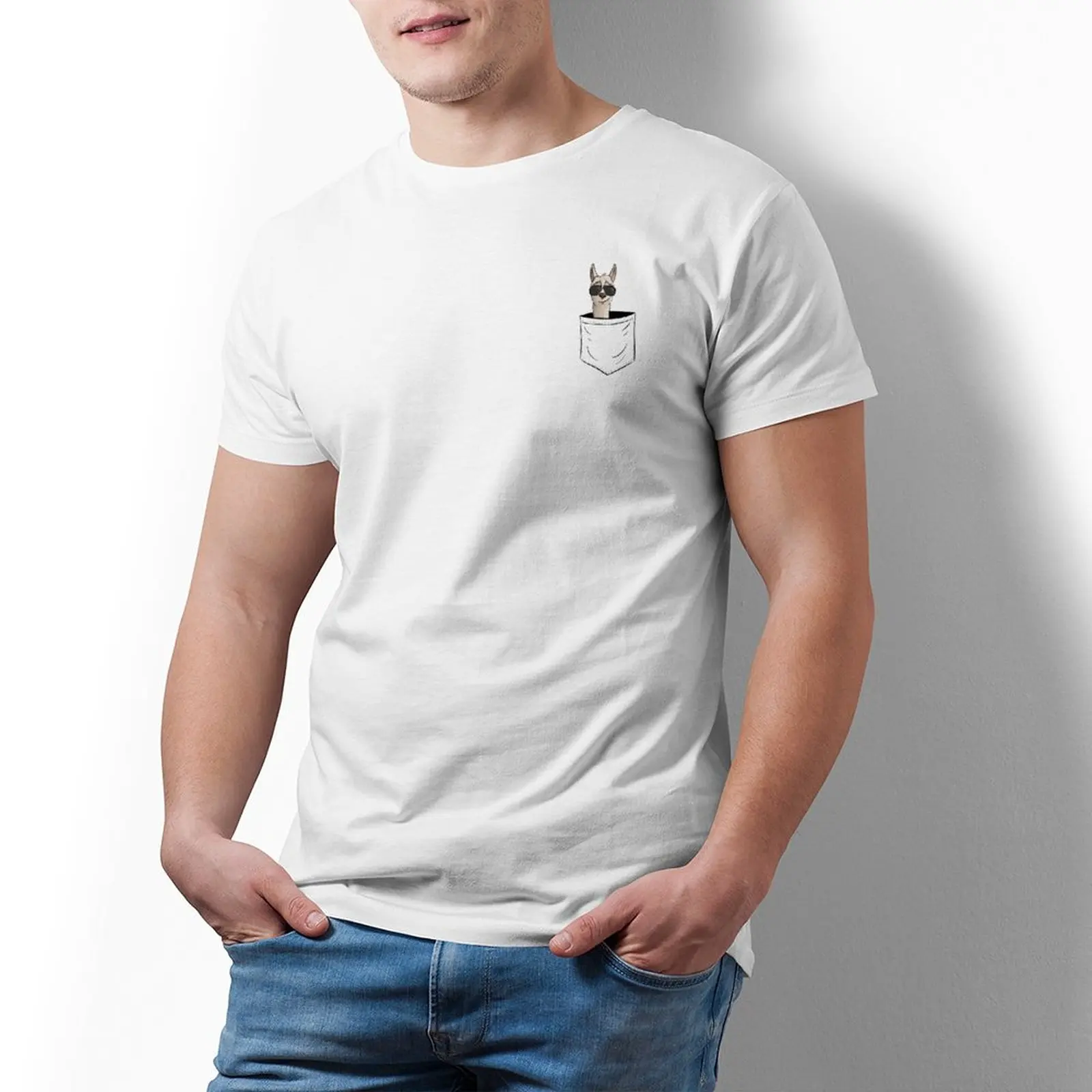 

Alpaca With Sunglasses Pocket T Shirt Animal Short-Sleeve Basic T-Shirt Printed 100 Percent Cotton Tshirt Male