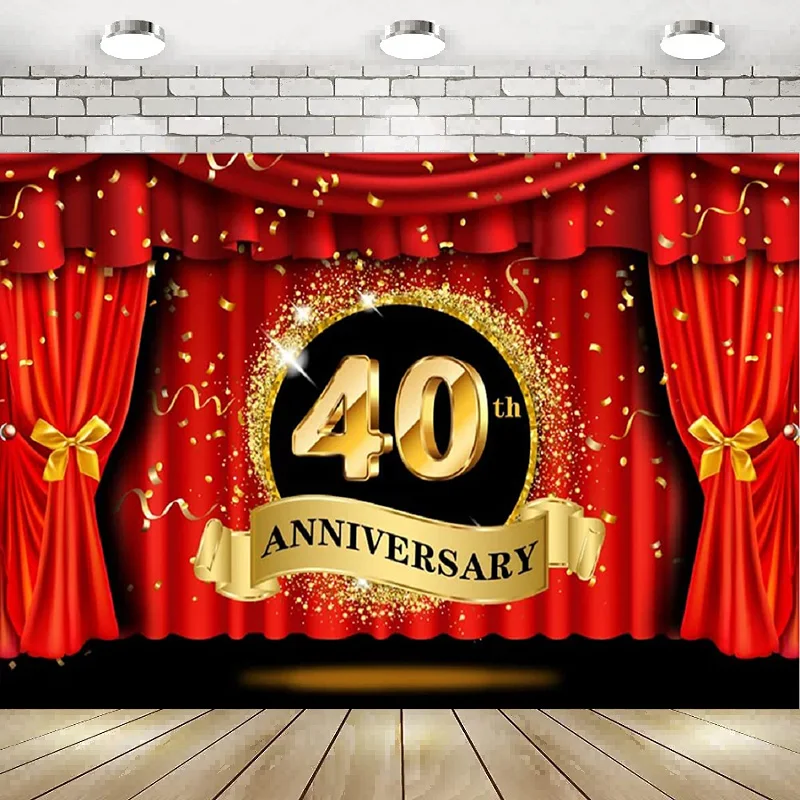

Happy 40th Anniversary Backdrop Luxury Stage Red Curtain Glitter Golden Photography Background Lover Couple Marriage Banner