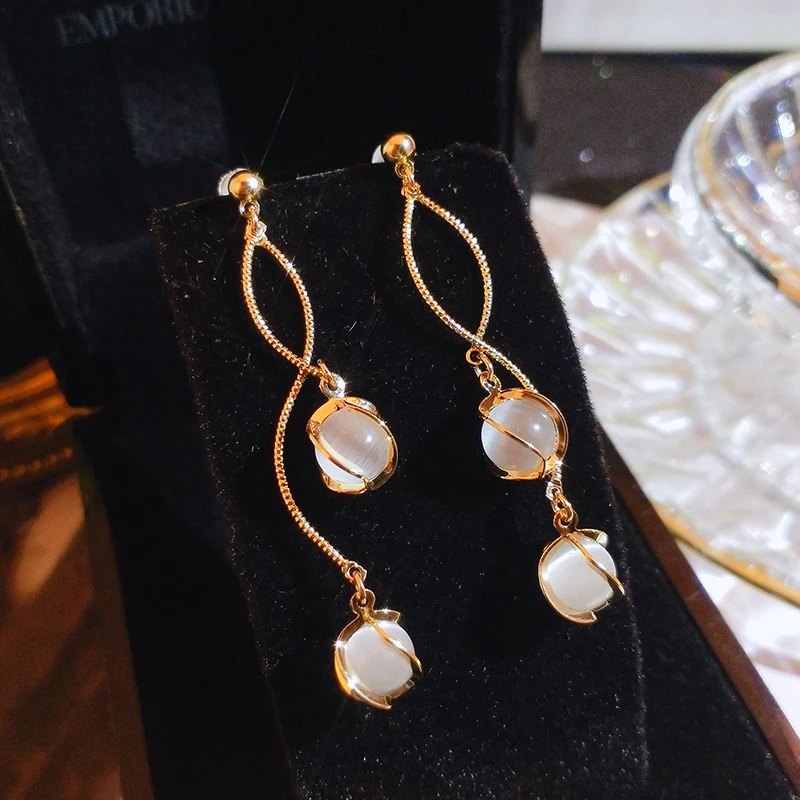 Серьги с имитацией опала Южная Корея элегантные длинные серьги-клипсы без ушей