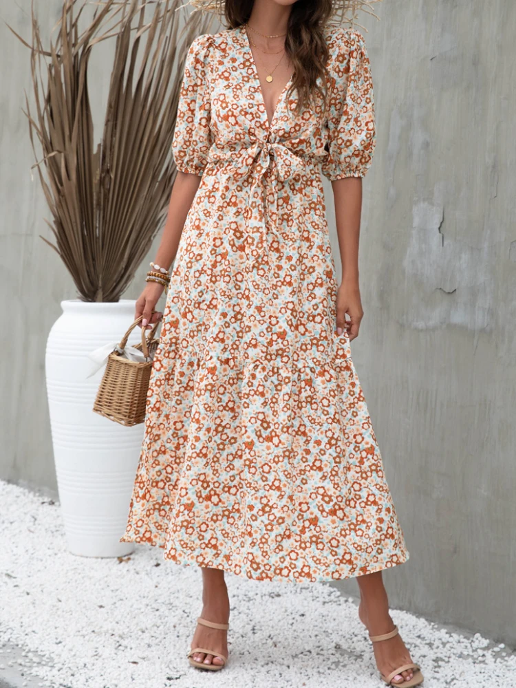 

2023 Summer Beach Sexy V-Neck Bow Dress Women Bohemian Print Party Long Prom Dress Fashion Half Sleeve Sundress Holiday Dresses