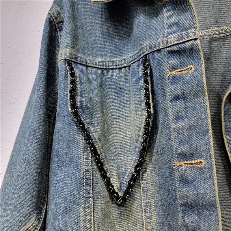 Короткая джинсовая куртка из бисера для тяжелой промышленности женская осень 2023