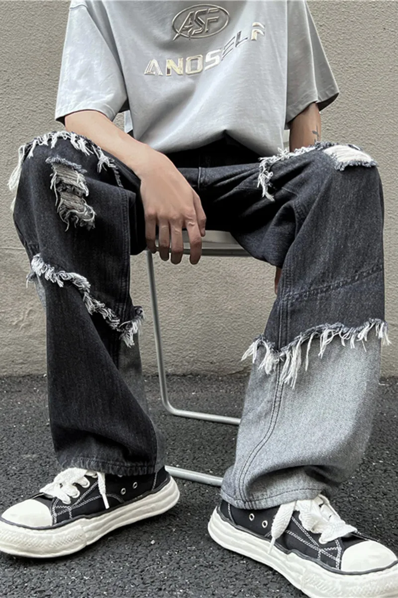 Spliced Holes Distressed Fray Men Denim Jeans Pants Ins Vibe Chic Streetwear Handsome Straight Trousers Plus Size S-XXXL Pants