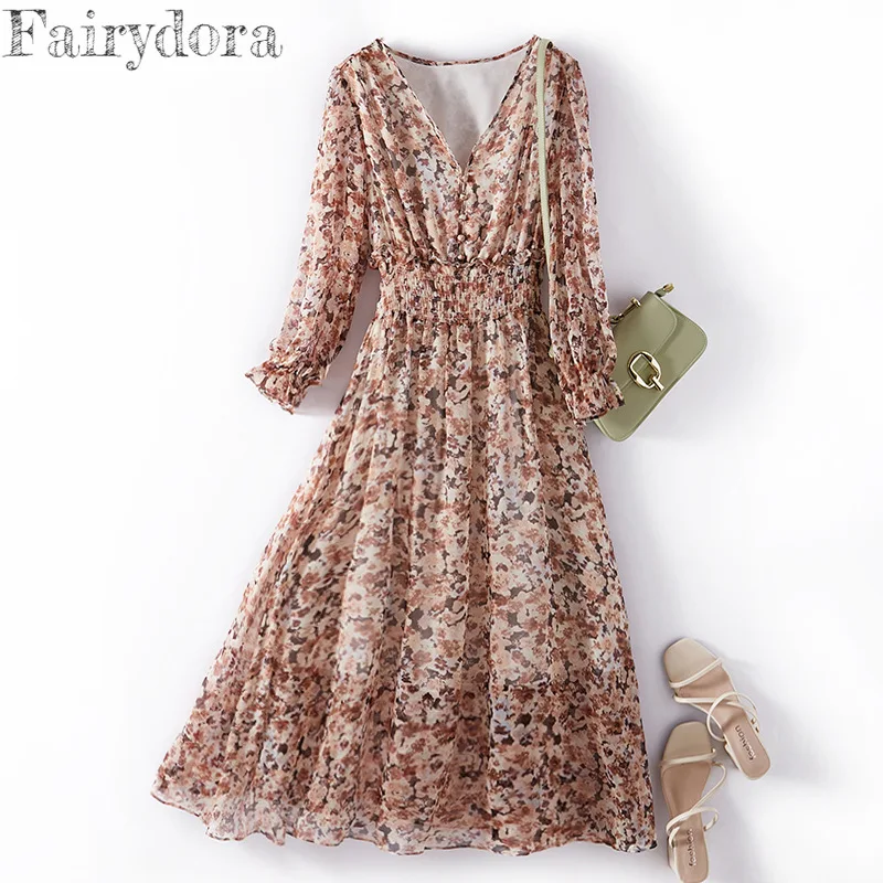 Mulberry Silk Dress for Women 2022 Summer Floral Printing V Neck Full Sleeve High Elastic Waist Midi Dress Retro Robe 28012