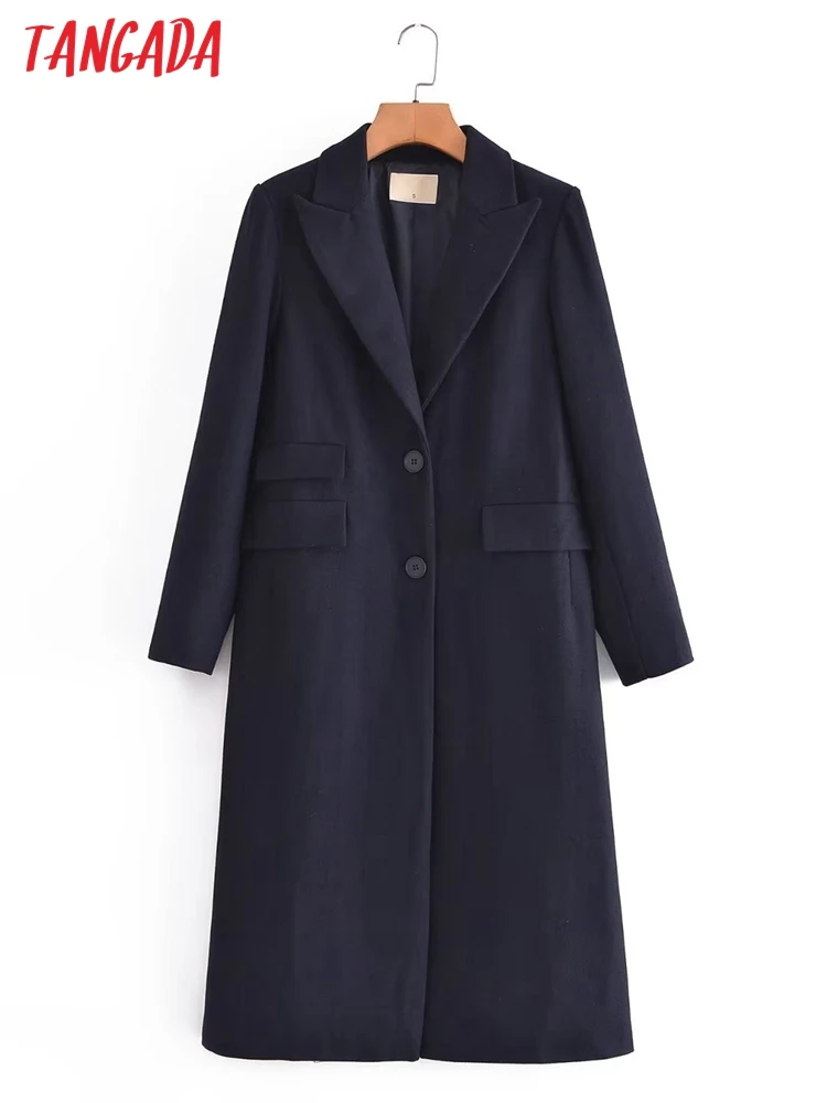 

Tangada Women 2022 Navy Double Breasted Woolen Long Coat Vintage Long Sleeve Flap Pockets Female Thick Overcoat 2G22