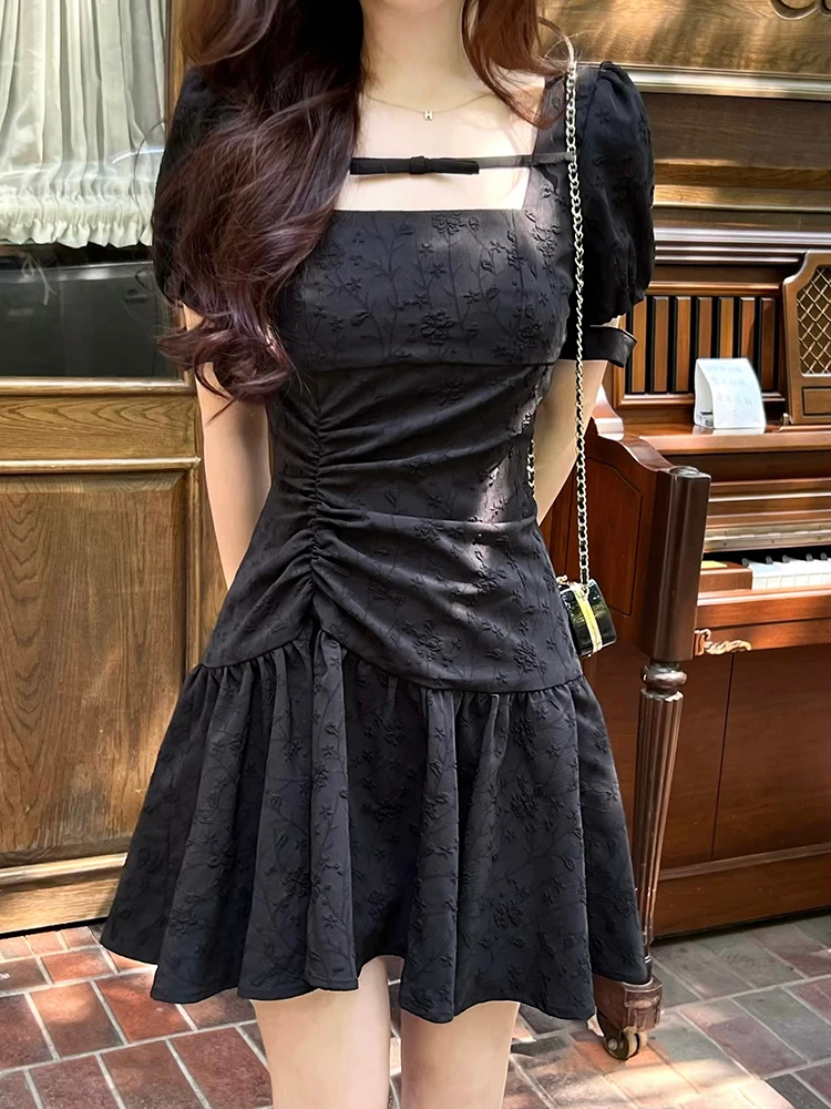 

Vintage Square Collar Puff Sleeve Sexy Maxi Birthday Dress for Women Clothing Y2k Bodycon Evening Mini Dresses Summer 2023 Black