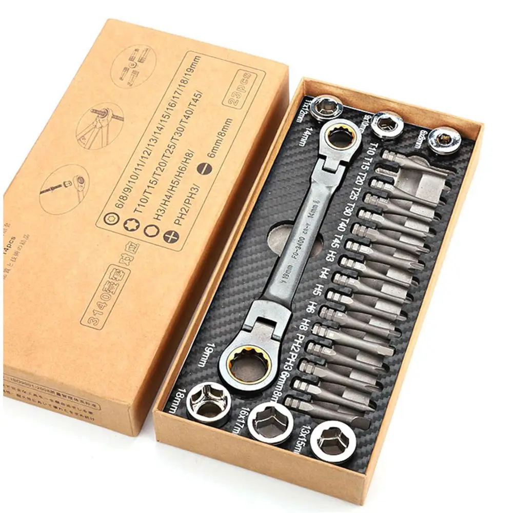 Krachtige 23Pcs Ratchet Wrench Screwdriver Bit Sockets Sets Woodworking Hand Tool