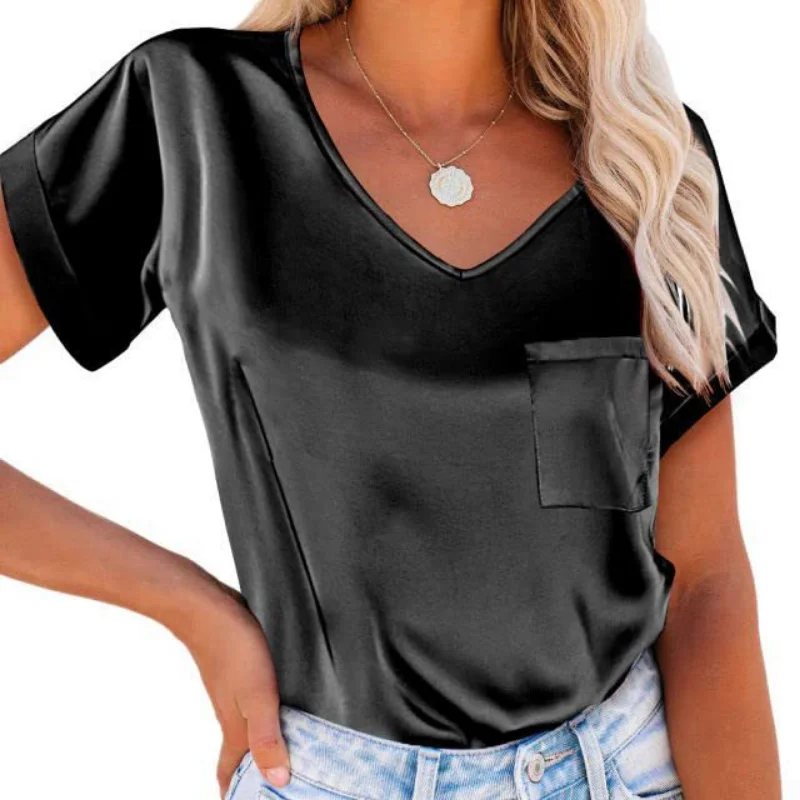 

Loose Short Sleeve Satin V-neck Shirt Women 2023 Summer Pocket Elegant Silk Blouses Women Casual Tops Solid Ladies Blouse 26155