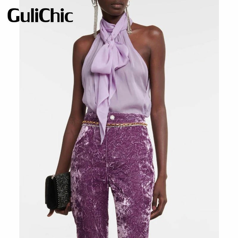 11.4GuliChic Women Temperament Sexy See-Through Solid Color Hollow Out Stand Collar Sleeveless Ribbon Bow Lace-Up Shirt / Blouse