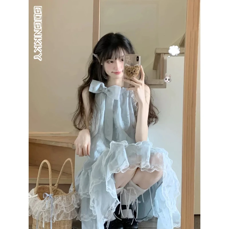 Женское кружевное платье без рукавов голубое длинное в Корейском стиле с лямкой