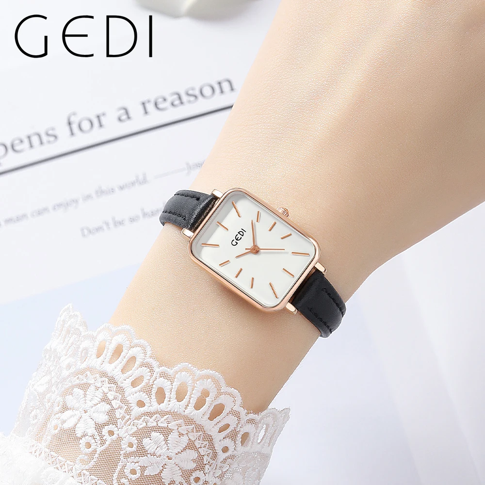 GEDI Minimalist Ladies Fashion Quartz Wrist Watches Luxury Brand Waterproof Rectangle Women Watches Leather Strap Montre Femme