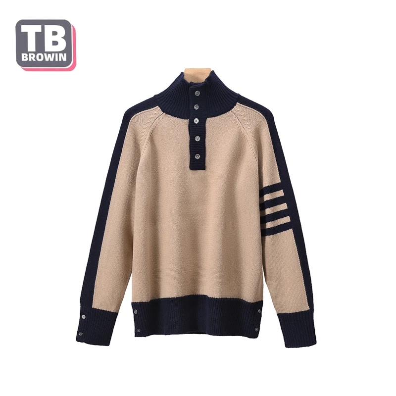 

TB BROWIN Flagship Store Men's Cardigan Sweater Casual Knitted Coat high collar Autumn Contrasting Color Four-Bar Wool Stripes