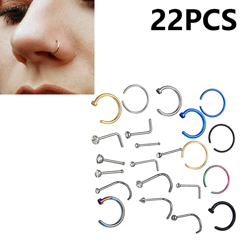 

HMES 22pcs L Shape Nose Ring Curve Pack Crystal Straight Nose Ring Set Nose Stud Lot Piercing Nariz Cuff ear cartilage Nose Clip