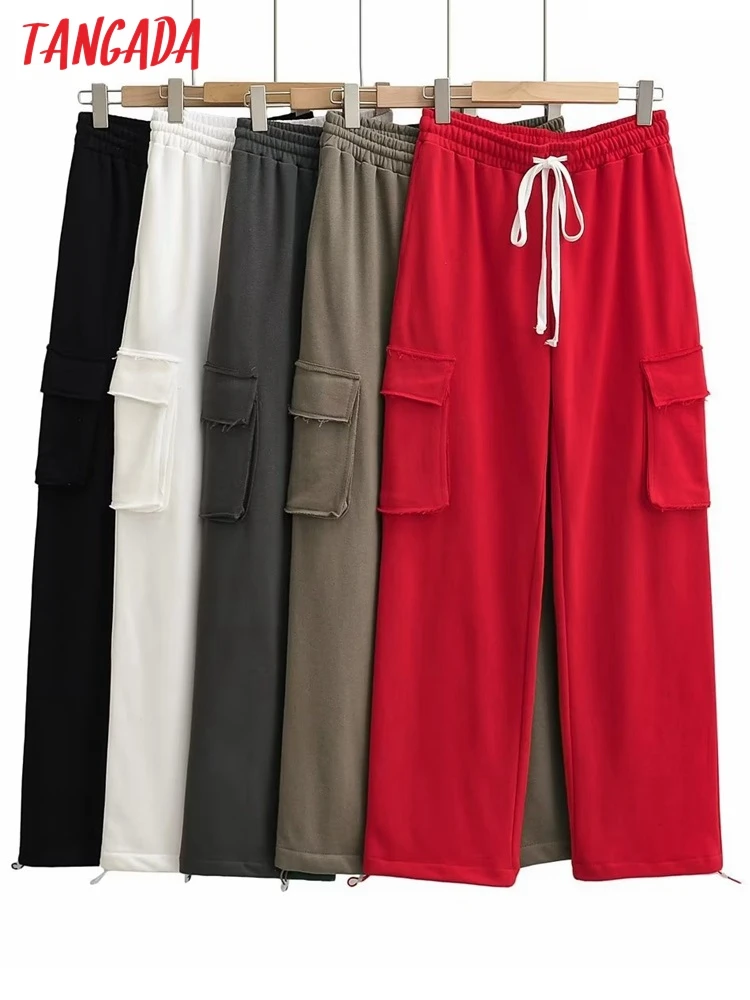 

Tangada Women Red Wide Leg Pants Cargo Strethy Waist Pants Trousers Joggers Female Sweatpants 4P37