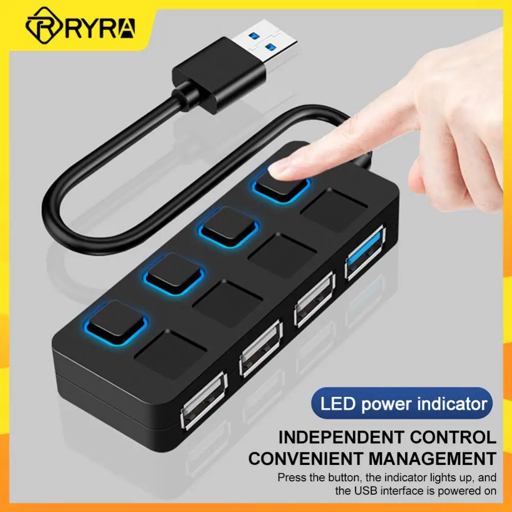 

4-портовый концентратор RYRA USB 3,0 2,0, адаптер для быстрой передачи данных, мультиразветвитель с независимым переключателем для ПК, компьютерны...