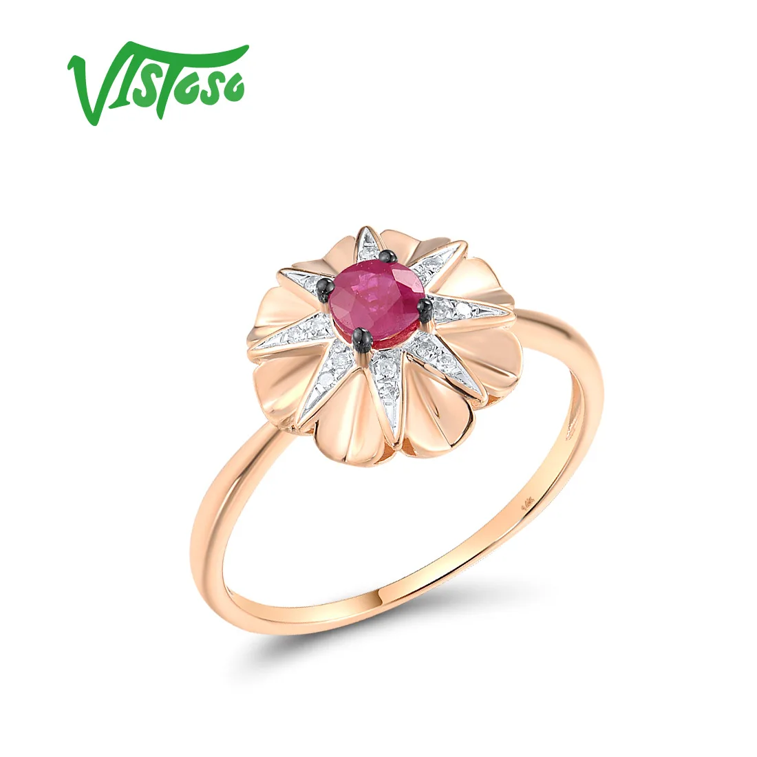 

VISTOSO Authentic 14K 585 Rose Gold Ring For Women Sparkling Diamond Ruby Delicate Wedding Engagement Cute Fine Jewelry