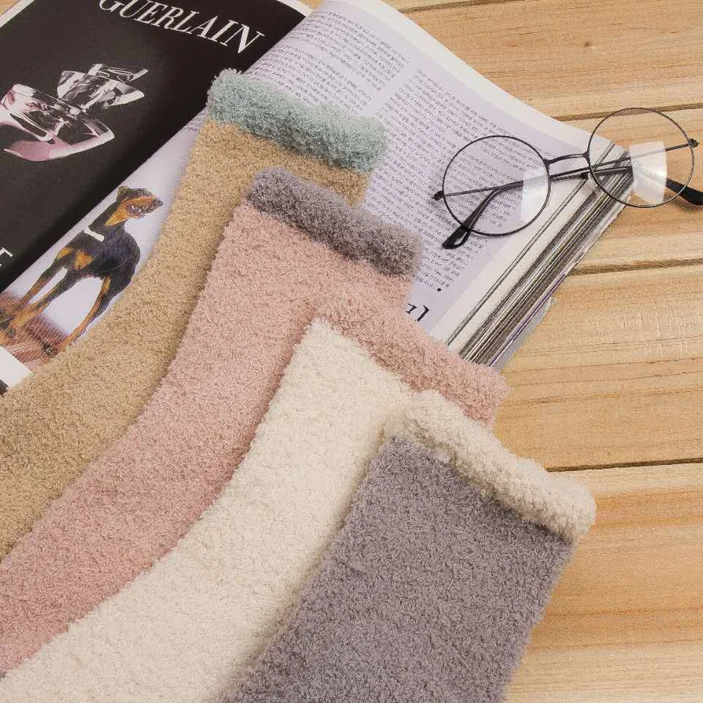 5 Pairs Warm Women Coral Fleece Socks Ladies Thickened Sleep Floor Socks Pure Color Mid-tube Casual Women Socks