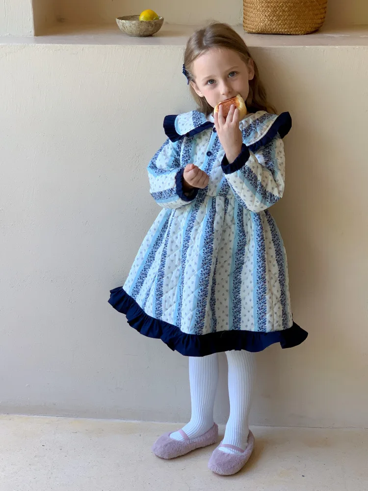 

Зимнее теплое платье для девочек от 2 до 8 лет, модное плотное платье принцессы с цветочным принтом, детская одежда с оборками на воротнике