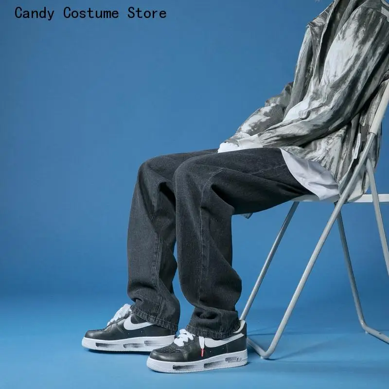 Denim Trousers Straight Jeans Men Wide Pants Hip Hop Loose Streetwear Male Casual Solid Color Wide Jeans Man Pants Street Style