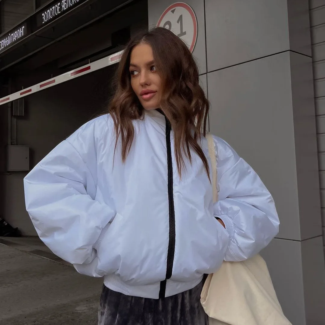 Personality Jacket Autumn and Winter New Hundred Collision Color Standing Collar Simple Cotton Clothing Female Short Paragraph