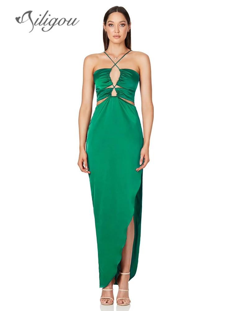 

Ailigou 2022 New Women'S Satin Sexy Cutout Strapless Open Back Slit Fashion Slim Beach Vacation Party Club Green Long Dress