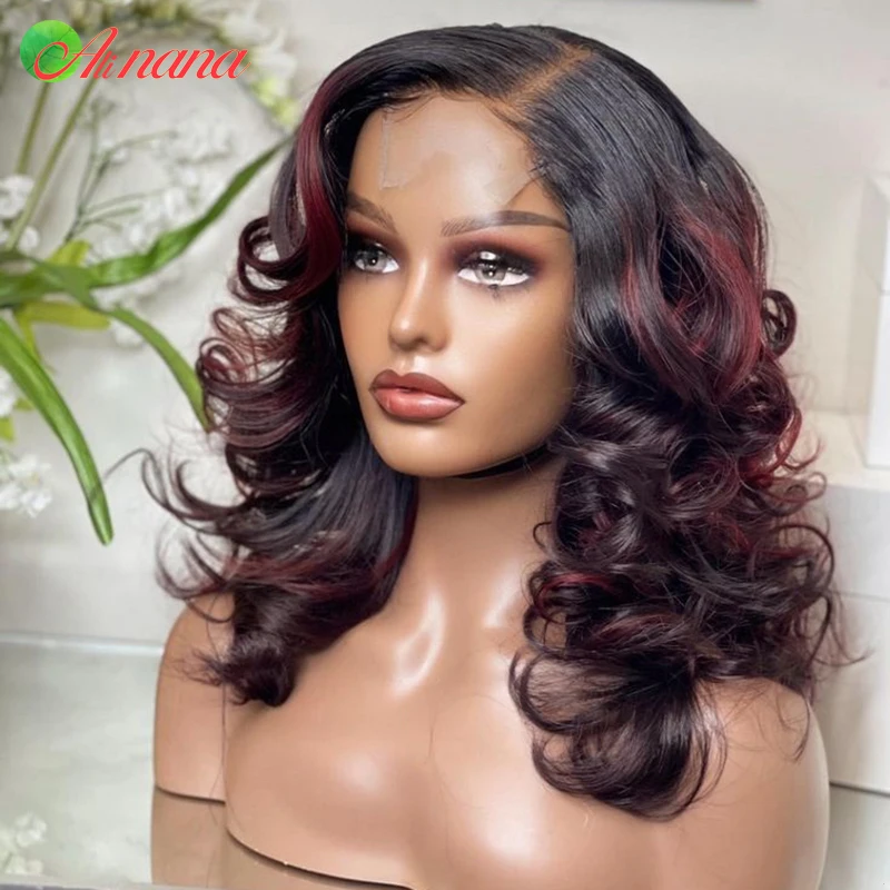 Highlights Red Colored Body Wave 4x1 T Part Short Bob Wigs Transparent Pre-Plucked Highlight Human Hair Wigs For Black Women