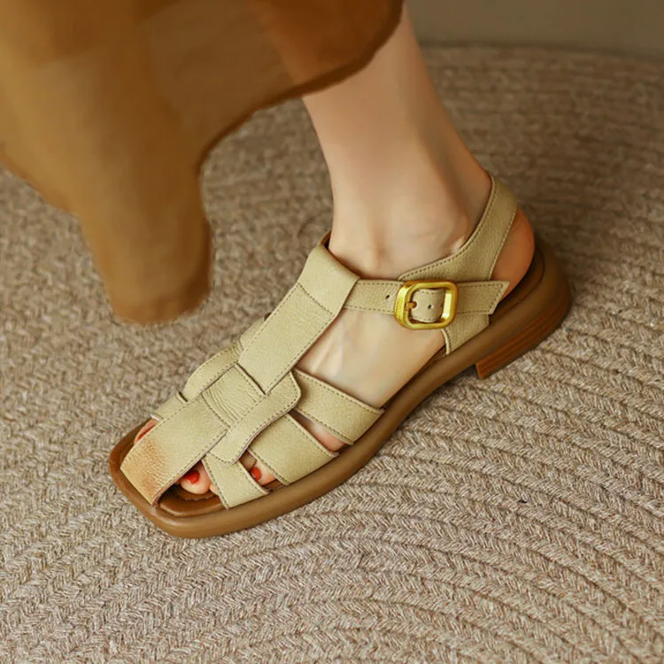

Vintage Beige Cow Leather Women Flats Sandals Gladiator Outside Summer Footwear Apricot Girls Beach Sandalias Femininos Sapatos