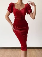 weiyao red velvet women midi dress puff sleeve split autumn bodycon sexy elegant fashion partywear with belt female clothing
