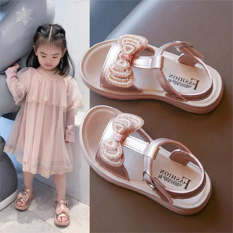 

girls sandals Fashion Girls Rhinestone Bow casual sandals non-slip soft sole Middle and big Baby beach shoes Princess shoes22-38