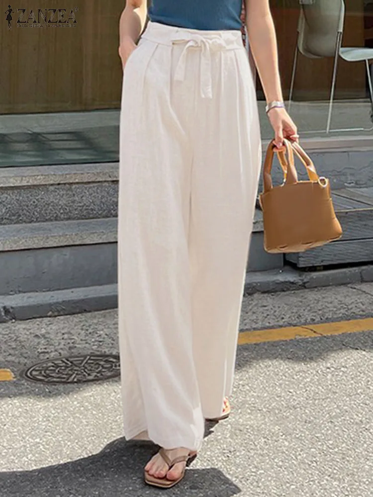 

ZANZEA 2023 Autumn Pants Women Elegant Wide Leg Trousers Fashion Elastic Waist Solid Loose Long Pantalon Work Palazzo Oversize