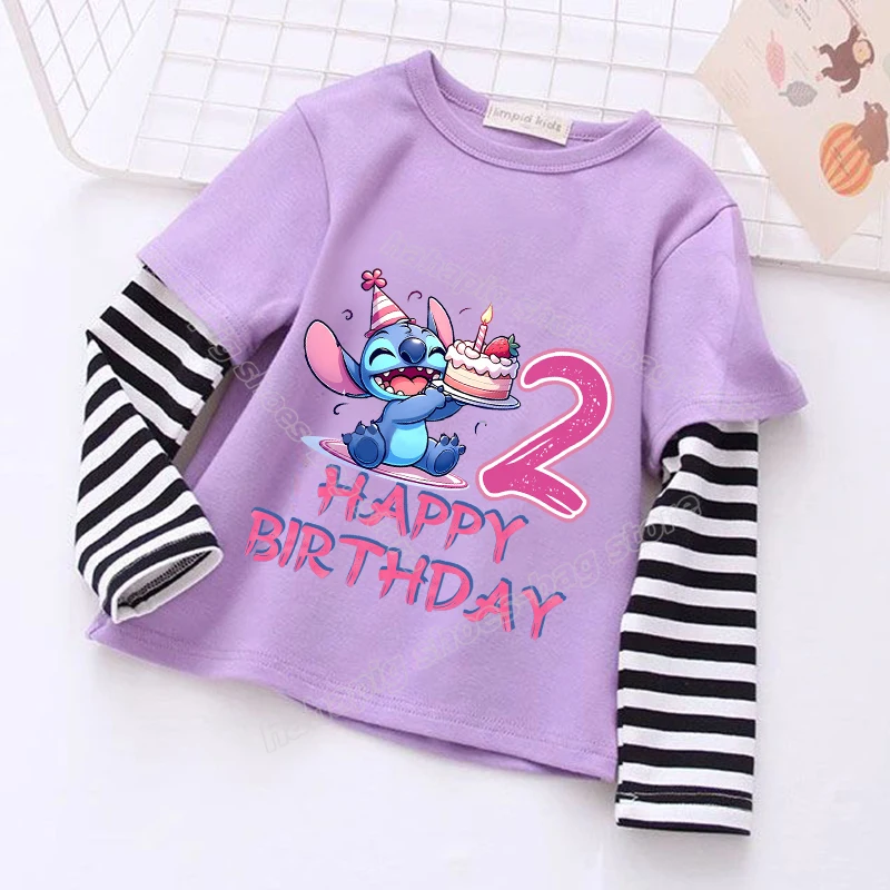 Lilo Stitch Splicing Stripe T Shirt Long Sleeve Girl Birthday Number Tees Cute Cartoon Kids Clothes Autumn Purple Children Tops