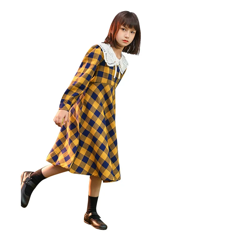 

Girls Dress 2023 New Fashion Spring Autumn Medium and Large Children Fashion All-match Plaid Doll Lace Collar Casual Knee-Length