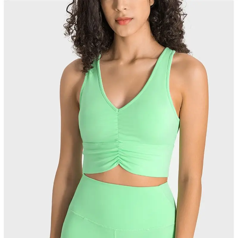 Solid Color Round Neck Fitness Bra Forward Wrinkle Sports Tank Top Women Yoga Underwear Tight Shockproof Support With Chest Pad