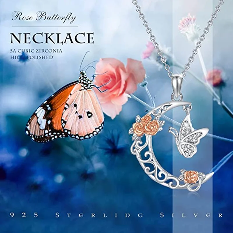 

Personalized Exquisite Moon Beautiful Butterfly Rose Pendant Necklace for Women with White Zircon Silver Necklace Jewelry