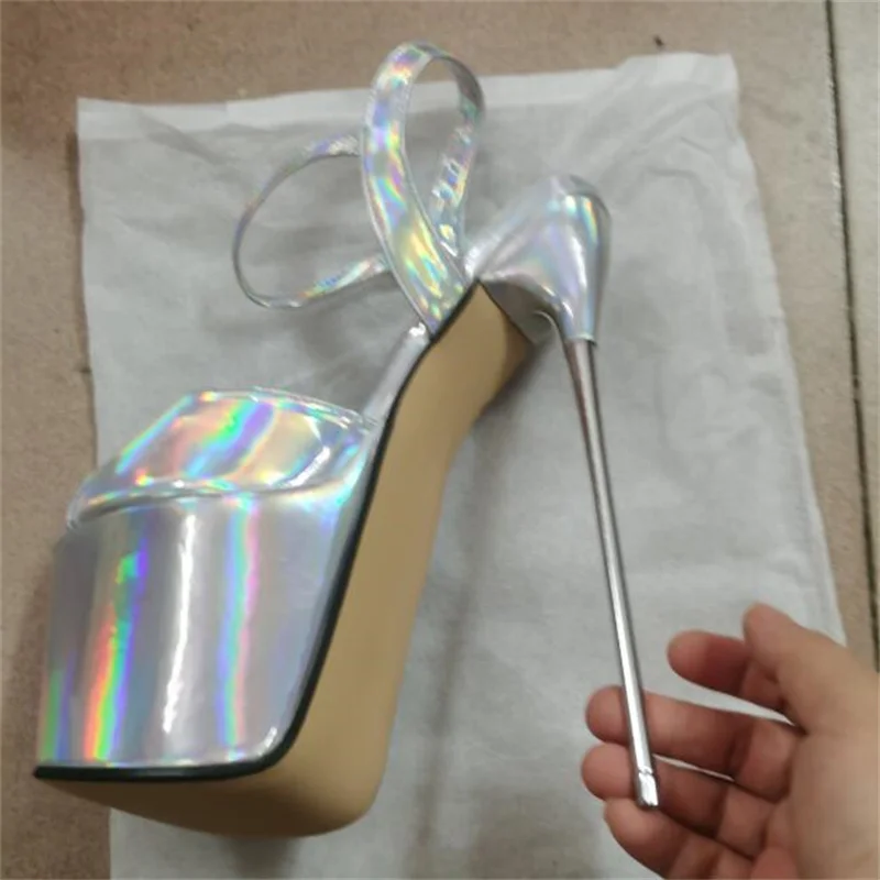Summer 2025 Nightclub Women Shoes Sexy Open Toe Party Pumps Big Size Sandals 22CM Metal Thin High Heels Narrow Band Stilettos