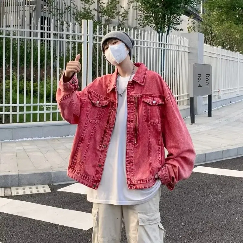 Мужская джинсовая куртка розовая укороченная в винтажном американском стиле с