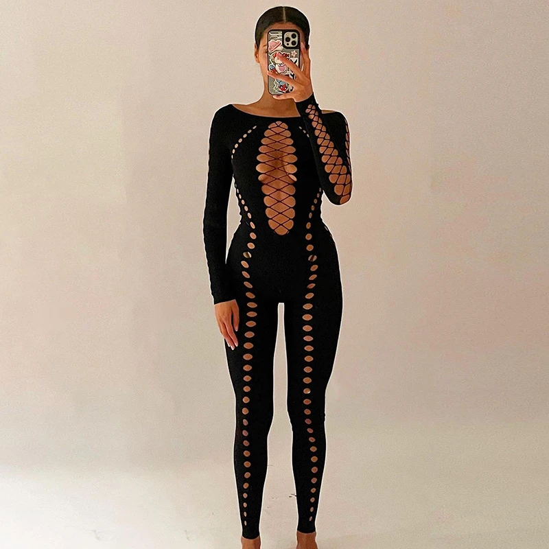 

Solid See Through Slash Neck Off Shoulder Long Sleeve Skinny Overalls One Piece Clubwear Hollow Out Women Sexy Jump suit
