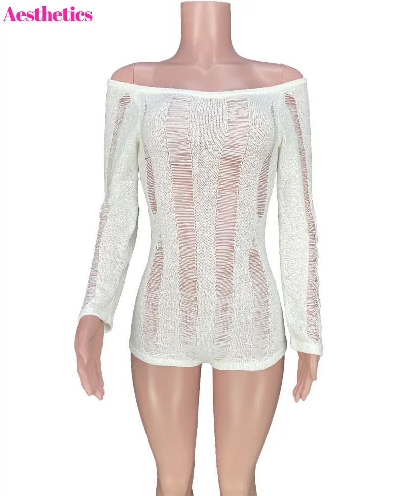 Women Hollow Out Backless Knitted Playsuits Bodycon Sexy Long Sleeve Straps Shorts Jumpsuit Fashion Casual Holiday Rompers