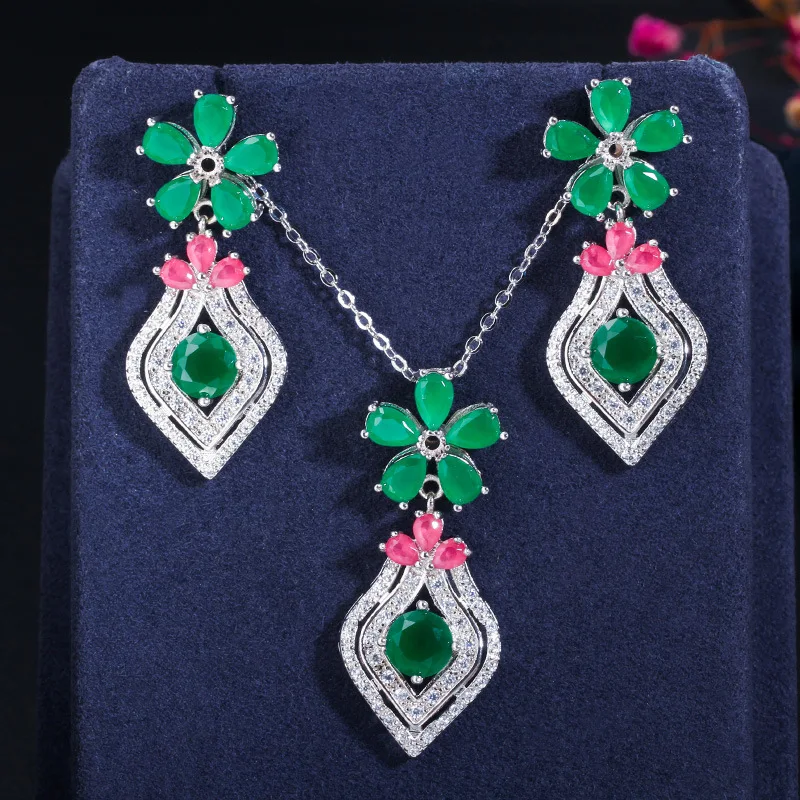 

Elegant Gold Color Green Zircon Stone Fancy Flower Drop Earrings Pendant Necklace Jewelry Sets for Women