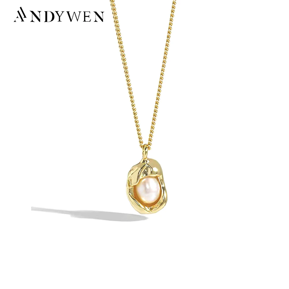 

ANDYWEN 925 Sterling Silver 2021 Gold Pearl Shell Pendant Long Chain Necklace Luxury Jewelry For Women Rock Punk Jewelry