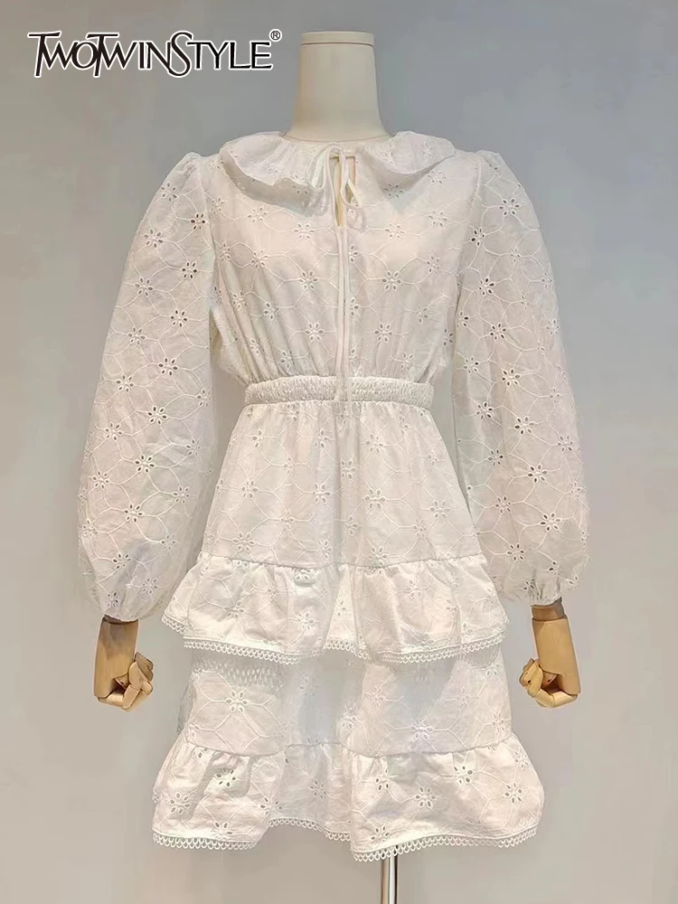 

TWOTWINSTYLE Casual Cut Out Solid Dress For Women Round Neck Long Lantern Sleeve High Waist Dresses Female 2022 Spring Clothing