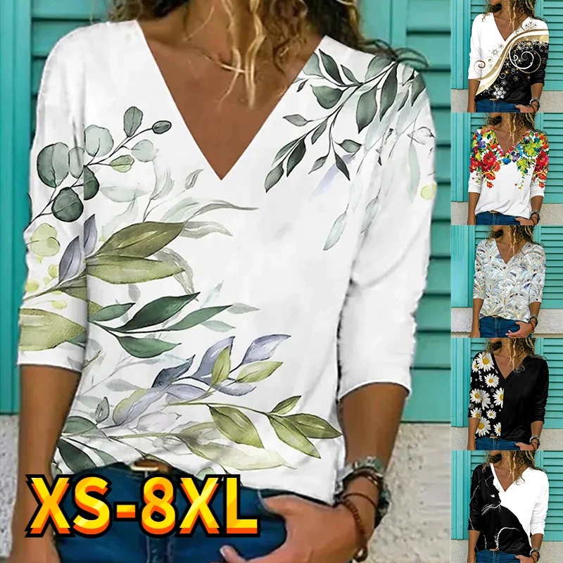 

Women's T Shirt Tee Plants Flower Painting Floral Print Sports Active Streetwear Print Casual Daily V Neck Long Sleeve XS-8XL