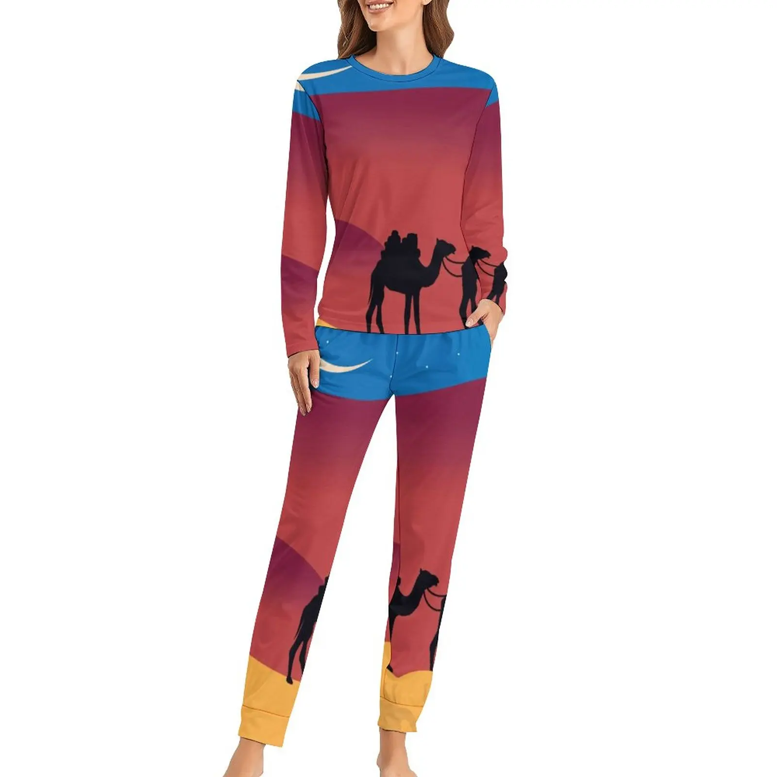 

Cartoon Desert Print Pajamas 2 Piece Riding Camel Soft Pajama Sets Women Long Sleeves Casual Nightwear Print Home Suit Big Size